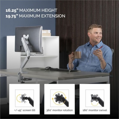 Fellowes Platinum Mounting Arm for Monitor - Silver - 1 Display(s) Supported - 27" Screen Support - 20 lb (9071.85 g) Load Capacity - 1 Each SILVER - DESK MOUNT 