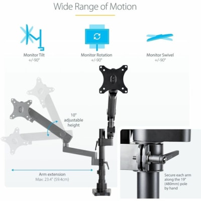 StarTech.com Desk Mount Monitor Arm with 2x USB 3.0 ports for VESA Display up to 34" (17.6lb/8kg), C-Clamp/Grommet, Mechanical Spring - VESA 75x75/100x100mm pole mount heavy duty single monitor arm for large 32in (16:9) or 34in (21:9/ultrawide) display up to 8kg; 2 USB 3.0 passthrough ports - Tilt/s  STND 