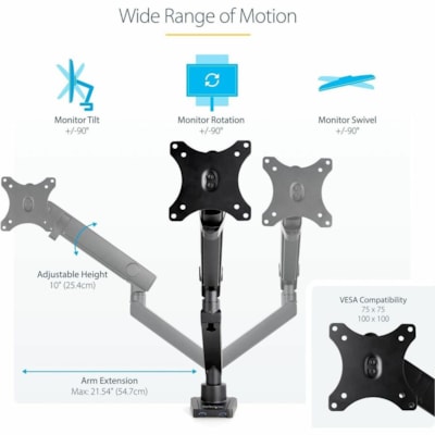 StarTech.com Desk Mount Monitor Arm with 2x USB 3.0 ports, for VESA Display up to 34" (17.6lb/8kg) , C-Clamp/Grommet, Mechanical Spring - VESA 75x75/100x100mm heavy duty single monitor arm for 32in (16:9) or 34in (21:9/ultrawide) display up to 8kg; 2 USB-A 3.0 passthrough ports - Tilt/Swivel - Full   MNT 