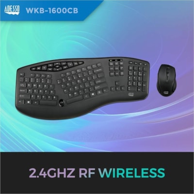 Adesso TruForm 1600 Wireless Ergonomic Keyboard and Optical Mouse - USB Membrane Wireless RF 2.40 GHz Keyboard - 104 Key - English (US) - Black - USB Wireless RF Mouse - Optical - 1600 dpi - Scroll Wheel - Black - Home, Back, Forward, Search, Email, Sleep, Wake-up, Power, Media Player, Calculator, P Wireless Ergonomic Desktop Key board  with low prof