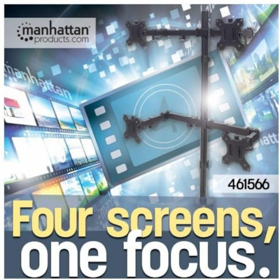 Manhattan 461566 Desk Mount for Monitor, LCD Monitor - Black - Height Adjustable - 4 Display(s) Supported - 13" to 32" Screen Support - 70.55 lb (32000 g) Load Capacity - 75 x 75, 100 x 100 - VESA Mount Compatible - Die-cast Metal, Steel or Mount with Double-Link Swin g Arms Holds Four 13