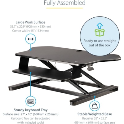 StarTech.com Corner Sit Stand Desk Converter with Keyboard Tray, Large Surface 35"x21" , Height Adjustable Ergonomic Tabletop Standing Desk - Corner sit-stand desk converter w/ 35.7x20in area - Height adjustable standing desk converter (6.1-23in from desk) - Assembled - Ergonomic stand up workstatio  
