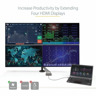 StarTech.com USB C to Quad HDMI Adapter, USB-C to 4x HDMI Monitor Converter for Windows (no support for macOS/ChromeOS/Linux) - TAA - Windows only; No support for macOS, ChromeOS or Linux - Works w/ Windows X86/X64/ARM (Intel, AMD, Snapdragon X Copilot+ PC) - Connect your USB-C computer to 4x HDMI m  CABL 