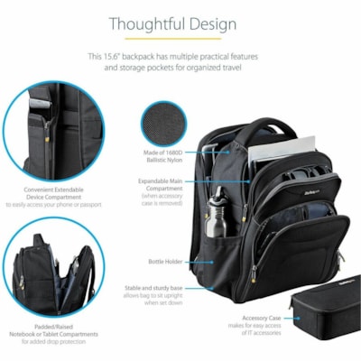 StarTech.com 15.6" Laptop Backpack w/ Removable Accessory Case, Professional IT Tech Backpack for Work/Travel/Commute, Nylon Computer Bag - 15.6in laptop backpack for work with padded compartments for notebook & tablet - Removable accessories case is stored in separate section at bottom of bag - Erg  CASE 