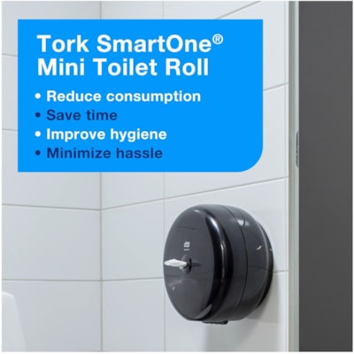 TORK SmartOne Mini Toilet Paper Roll Dispenser Black T9 - 8.62" (218.95 mm) Height x 8.62" (218.95 mm) Width x 6.14" (155.96 mm) Depth - Plastic - Black - Hygienic, Long Lasting - 1 Pack TOILET ROLL DISPENSER P/E BLK DISPENSER