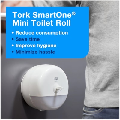 TORK SmartOne Mini Toilet Paper Roll Dispenser White T9 - 8.62" (218.95 mm) Height x 8.62" (218.95 mm) Width x 6.14" (155.96 mm) Depth - Plastic - White - Hygienic, Long Lasting, Refillable - 1 Pack TOILET ROLL DISPENSER P/E WHT DISPENSER