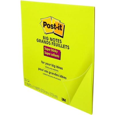 Post-it® - Adhesive Note Super Sticky - largeur de drapeau/note 11 po (279,40 mm) x longueur de drapeau/note 11 po (279,40 mm) - Carré - 30 Feuilles par bloc - Vert - Recyclable, Portable - 30 / bloc  