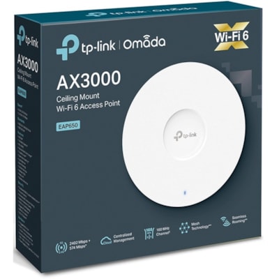 TP-Link EAP650 Dual Band IEEE 802.11 a/b/g/n/ac/ax 2.93 Gbit/s Wireless Access Point - 2.40 GHz, 5 GHz - Internal - MIMO Technology - 1 x Network (RJ-45) - Gigabit Ethernet - 14.70 W - Ceiling Mountable, Wall Mountable  