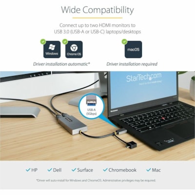 StarTech.com Adaptateur USB vers Double HDMI de 11cm, USB A/C vers 2 Écrans HDMI (1x4K30Hz/1x1080p), Convertisseur USB 3.0 à HDMI, Win/Mac - 3840 x 2160 Pris en charge - Gris - 1 HZ + 1080P 