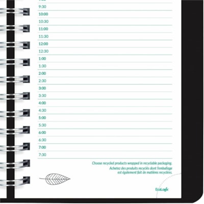Blueline 2026 EcoLogix 12-Month Daily Planner - January to December - 8" x 5" - Black - Bilingual - Daily, Monthly - 12 Month - January 2026 to December 2026 - 7:00 AM to 7:30 PM - Half-hourly, Monday - Sunday - 1 Day Single Page Layout - 5" (127 mm) x 8" (203.20 mm) Sheet Size - Twin Wire - Black -  