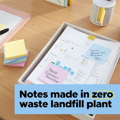 Post-it® - Notes super collantes recyclées - 70 - largeur de drapeau/note 3 po (76,20 mm) x longueur de drapeau/note 3 po (76,20 mm) - Carré - 70 Feuilles par bloc - Non ligné - Papier - Adhésif - Recyclé - 24 / emballage 3 IN X 3 IN  OASIS COLLECTIONS 24 PADS  70 SHEETS/PAD