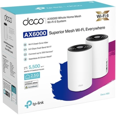 TP-Link Deco X80 Wi-Fi 6 IEEE 802.11 a/b/g/n/ac/ax Ethernet Wireless Router - Dual Band - 2.40 GHz ISM Band - 5 GHz UNII Band - 4 x Antenna(4 x Internal) - 744 MB/s Wireless Speed - 2 x Network Port - 1 x Broadband Port - 2.5 Gigabit Ethernet  WRLS 