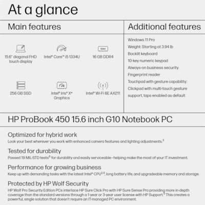 HP ProBook 450 G10 15.6" Touchscreen Notebook - Full HD - Intel Core i5 13th Gen i5-1334U - 16 GB - 256 GB SSD - Pike Silver Plastic - Intel Chip - 1920 x 1080 - Windows 11 Pro - Intel Iris Xe Graphics - In-plane Switching (IPS) Technology - Front Camera/Webcam - IEEE 802.11ax Wireless LAN Standard  