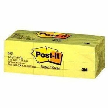 Post-it® Adhesive Note - 1 1/2" (38 mm) Flag/Note Width x 2 1/64" (51 mm) Flag/Note Length - Rectangle - 100 Sheets per Pad - Yellow - Indispensable, Removable - 12 / Pack REMOVABLE STICKS TO MOST SURFACES 100/PAD
