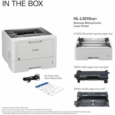 Brother HL-L5210DW Desktop Wireless Laser Printer - Monochrome - 48 ppm Mono - 1200 x 1200 dpi Print - Automatic Duplex Print - 870 Sheets Input - Ethernet - Wireless LAN - Brother iPrint&Scan, Wi-Fi Direct, Mopria, Brother Print Service Plugin, Apple AirPrint, Brother Mobile Connect - 90000 Pages D ER BUSINESS 