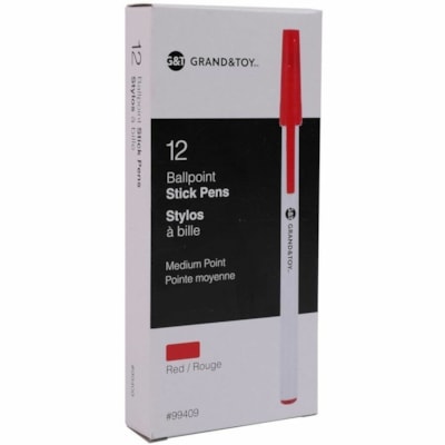 Grand & Toy Premium Ballpoint Stick Pens, Red, Medium, 12 Each/BX - Medium Round Pen Point - Red Ink - White Barrel - 12 / Box WHITE ROUND BARREL DISPOSABLE 