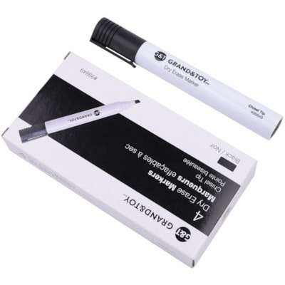 Grand & Toy Low-Odour Dry-Erase Markers, Black, Chisel, Pack of 4 - Chisel Marker Point - Erasable - Black Ink - White Barrel - 4 / Pack TIP 4/PK BLACK 