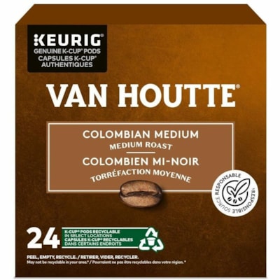 VAN HOUTTE K-Cup Colombian Medium Roast Coffee - Compatible with Keurig K-Cup Brewer - American, Regular - Medium - K-Cup - Colombian - 24 / Box  