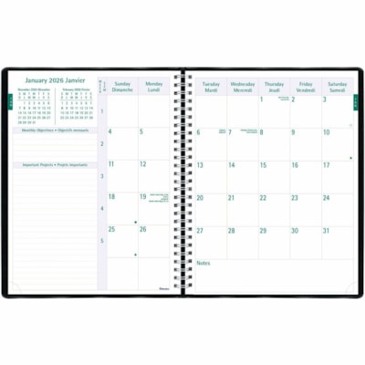 Blueline 2026 Timanager 13-Month Weekly/Monthly Planner - December to December - 11" x 8-1/2" - Black - Bilingual - Weekly, Monthly - 13 Month - December 2025 to December 2026 - 7:00 AM to 7:30 PM - Half-hourly - Monday - Friday - Letter - 8 1/2" (215.90 mm) x 11" (279.40 mm) Sheet Size - Twin Wire   