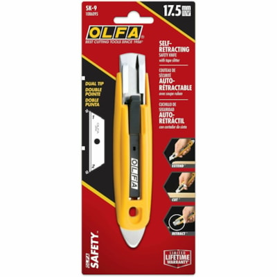 Olfa SK-9 Semi-Automatic Self-Retracting Safety Knife with Tape Splitter - Stainless Steel Blade - Self-retractable, Spring-loaded Blade, Durable, Contoured Grip, Comfortable Grip, Textured Grip, Long Lasting, Quick-release Blade, Heavy Duty, Staple Remover - ABS Plastic, Metal - Yellow, Black SELF-RETRACTING SAFETY KNIFE 