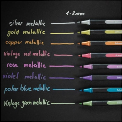 Schneider - Marqueur de peinture Paint-It - 2 mm (0,08 po) Ogive, 1 mm (0,04 po) Pointe de marqueur - Ink Métallique vintage rouge, Rose, Argent métallisé, Cuivre métallique, Or métal - Liquide - Barrel Noir Bioplastique - 8 / emballage LARGEUR DE TRAIT : 1-2 MM ÉTUI  8 COULEURS VARIÉES
