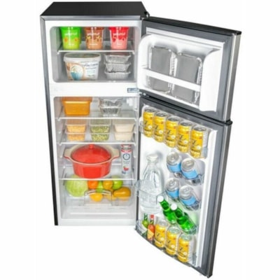 Danby 4.5 cu. ft. 2 Door Compact Fridge in Stainless Steel Look - 127.43 L - Auto-defrost - Upright - Reversible - 1x Freezer Drawer(s) - 127.43 L Net Refrigerator Capacity - Black, Stainless Steel - Freestanding - LED Light STEEL DOOR ENERGY STAR 