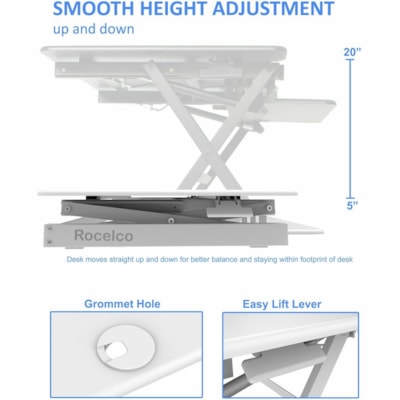 Élévateur de bureau multiusage R DADRW-40 Hauteur réglable Rocelco - 40 lb (18143,69 g) Capacité de charge - 20 po (508 mm) Hauteur x 40 po (1016 mm) Largeur - Bureau - Mate - Métal, Acier, Panneau de fibres à densité moyenne (MDF), Stratifié - Blanc -  table Desk Riser 