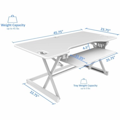 Rocelco 46"W-20"H Deluxe Adjustable Desk Riser - 45 lb (20411.66 g) Load Capacity - 20" (508 mm) Height x 46" (1168.40 mm) Width - Desk - Matte - Steel, Laminate, Medium Density Fiberboard (MDF), Metal - White - For Multipurpose, Computer, Monitor, Notebook, Commercial - Keyboard Tray, Ergonomic, Gr table Desk Riser 