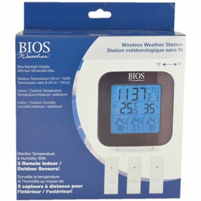 BIOS Weather 339BC Weather Station - Weather Station98.43 ft (30000 mm) - Temperature, Humidity - Wireless LAN -40°C TO 70°C/ -40°F TO 158°F INDOOR HUMIDITY DATE & TIME