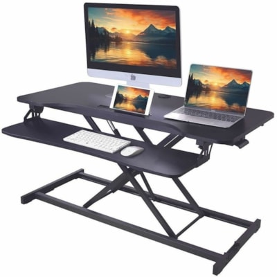 Rocelco 43" Sit-to-Stand Hi-Lift Adjustable Desk Riser - 33 lb (14968.55 g) Load Capacity - 21.30" (541.02 mm) Height x 43" (1092.20 mm) Width x 20.50" (520.70 mm) Depth - Desktop, Desk - Black - For Monitor, Notebook, Keyboard, Tablet, Smartphone - Keyboard Tray, Ergonomic, Grommet, Cable Managemen ft Adjustable Desk Riser 