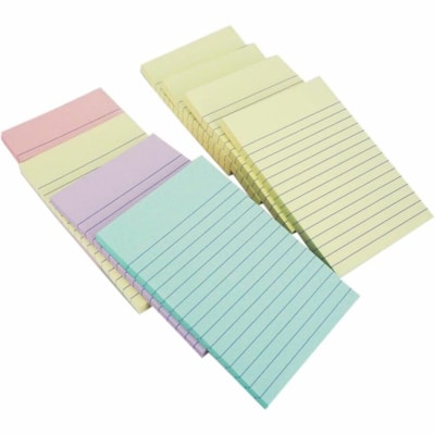 Grand & Toy Self-Stick Notes, Assorted Pastel Colours, Lined, 4" x 6" , 100 Sheets/Pad, 8 per - 100 x Pastel Blue, 100 x Pastel Purple, 100 x Pastel Yellow, 100 x Pastel Pink - 6" (152.40 mm) Flag/Note Width x 4" (101.60 mm) Flag/Note Length - Rectangle - 100 Sheets per Pad - Assorted Pastel, Blue,  100 SHEETS/PAD 8PK 8 PADS/PACK