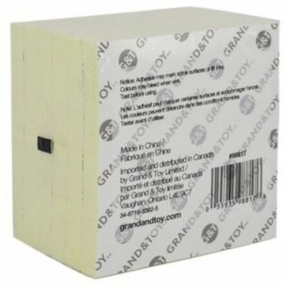 Grand & Toy 3" x 3" Pop-Up Sticky Notes, Yellow, 100 Sheets/Pad, 6 Pads/PK - 3" (76.20 mm) Flag/Note Width x 3" (76.20 mm) Flag/Note Length - Square - 100 Sheets per Pad - Yellow - Sticky, Pop-up, Removable, Residue-free, Repositionable, Self-adhesive - 6 / Pack 100 SHEETS/PAD 6PK 6 PADS/PACK
