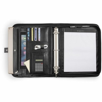 bugatti Ring Binder - Letter - 8 1/2" (215.90 mm) x 11" (279.40 mm) Sheet Size - 2" (50.80 mm) Ring(s) - Fastener(s): D-Ring - Pocket(s): Internal, Front - Synthetic Leather, Vegan Leather - Black - Write-on, Calculator, Handle, Pen Loop, Zipper Closure, Notepad, Tablet Pocket, Card Pocket - 1 Unit BLACK  VEGAN LEATHER FITS MOST 13" TABLET