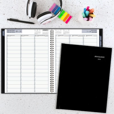 At-A-Glance 2026 Premiere Weekly Appointment Book - 11" H x 8" W - Black - Bilingual - Weekly - 12 Month - January 2026 to December 2026 - Quarter-hourly, 7:00 AM to 9:45 PM - Monday - Friday, 7:00 AM to 6:45 PM - Saturday - 1 Week Double Page Layout - 8" (203.20 mm) x 11" (279.40 mm) Sheet Size - S HARDCOVER BILINGUAL PREMIERE BLACK
