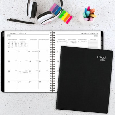Mead 2026 Contempo Monthly Appointment Book - 8-3/4" H x 6-7/8" W - Black - Bilingual - Monthly - 12 Month - January 2026 to December 2026 - 1 Month Double Page Layout - 6 7/8" (174.50 mm) x 8 3/4" (222.25 mm) Sheet Size - Spiral Bound - Paper - Black Poly, Polypropylene Cover - Appointment Schedule DESK APPOINTMENT BOOK BLACK 