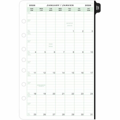 Day-Timer 2026 Dated Refill 2-Pages/Day Desk - 8-1/2" H x 5-1/2" W - Bilingual - Folio/Desk - Daily - 12 Month - January 2026 to December 2026 - 7:00 AM to 10:00 PM - Hourly - 1 Day Double Page Layout - 5 1/2" (139.70 mm) x 8 1/2" (215.90 mm) Sheet Size - 7 x Holes - Desk - Paper - Paper Cover - Ref BILLINGUAL 5.5X8.5 30% PCW