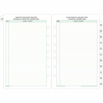 Day-Timer 2026 Dated Refill 2-Pages/Month Desk - 8-1/2" H x 5-1/2" W - Bilingual - Desk - Monthly - 12 Month - January 2026 to December 2026 - 1 Month Double Page Layout - 5 1/2" (139.70 mm) x 8 1/2" (215.90 mm) Sheet Size - 7 x Holes - Green - Paper - Paper Cover - Tabbed, Reference Month, To-do Li 5.5X8.5 BILLINGUAL 30% PCW