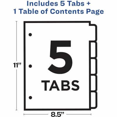 Avery® Ready Index® Table of Content Dividersfor Laser and Inkjet Printers, 5 tabs, 1 set - 5 x Divider(s) - 1-5 - 5 Tab(s)/Set - 8.50" (215.90 mm) Divider Width x 11" (279.40 mm) Divider Length - 3 Hole Punched - White Paper Divider - Multicolor Paper Tab(s) - 20% - Hole-punched, Printable, FR BINDR REINFORCD TABS&HOLES INKJET & LASER AVERY  20% PCW