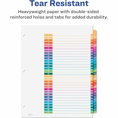 Avery® Ready Index® Table of Content Dividers for Laser and Inkjet Printers, 1-31 - 31 x Divider(s) - 31 Printed Tab(s) - Digit - 1-31 - 31 Tab(s)/Set - 8.50" (215.90 mm) Divider Width x 11" (279.40 mm) Divider Length - Letter - 8.50" (215.90 mm) Width x 11" (279.40 mm) Length - 3 Hole Punch LASER/INK JET  MULTI-COLOUR 1-31  1 SET/PKG
