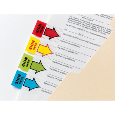 languette Post-it® - largeur de drapeau/note 1 po (25,40 mm) x longueur de drapeau/note 1 3/4 po (44,45 mm) - Flèche, Rectangulaires - Non ligné - Signature et date - Vert - Amovible, Autocollant - Distribluteur inclus - 100 / emballage BRIGHT GREEN 'SIGN & DATE' 