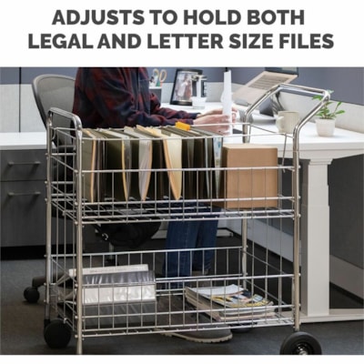 Fellowes Wire Mail Cart - 200 lb (90718.47 g) Capacity - 4 Casters - 6" (152.40 mm), 4" (101.60 mm) Caster Size - Steel - 21.5" (546.10 mm) Width x 37.5" (952.50 mm) Depth x 39.5" (1003.30 mm) Height - Chrome - 1 Each HOLDS LETTER OR LEGAL FILES 18WX38 1/5"DX39-1/4H