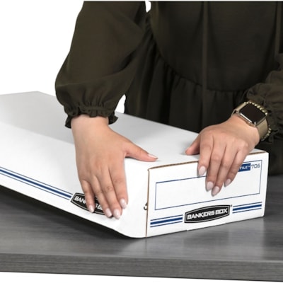 Bankers Box STOR/FILE Check Storage Boxes - Internal Dimensions: 9" (228.60 mm) Width x 24" (609.60 mm) Depth x 4" (101.60 mm) Height - External Dimensions: 9.3" (234.95 mm) Width x 25" (635 mm) Depth x 4.1" (104.90 mm) Height - 650 lb (294835.04 g) - Flip Top Closure - Light Duty - Stackable - Whit ATTCHD FLIP-TOP LID 