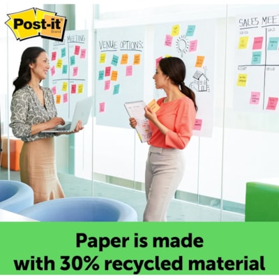 Post-it® Easel Pad with Recycled Paper - 30 Sheets - Plain - Stapled - 18.50 lb (8391.46 g) Basis Weight - 25" (635 mm) x 30" (762 mm) Sheet Size - 30.50" (774.70 mm) Height x 25" (635 mm) Width - White Paper - BlackCardboard Cover - Self-adhesive, Bleed-free, Repositionable, Resist Bleed-throug 25"X30" 30%PCW 30 SHEETS/PAD 2 PADS/PKG SELF-STICK