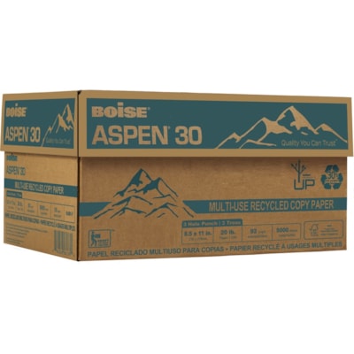 Aspen - Papier recyclé 054901-P - 92 Luminosité - format lettre - 8 1/2 po (215,90 mm) x 11 po (279,40 mm) - 20 lb (9071,85 g) Poids de Base - Lisse - Sans bourrage, Sans acide - Blanc - 5000 / Carton RECYCLÉ 30% POST-CONSOM. 20LB BRILLANCE 92  500/PQT  3 TROUS