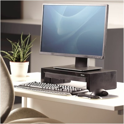 Fellowes Designer Suites Monitor Riser - Up to 21" (533.40 mm) Screen Support - 40 lb (18143.69 g) Load Capacity - 4.38" (111.25 mm) Height x 16" (406.40 mm) Width x 9.38" (238.25 mm) Depth - Desktop - Black, Pearl  