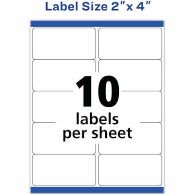 Avery® Shipping Labels, Sure Feed®, 2" x 4" , 250 Labels (5263) - 2" (50.80 mm) Width x 4" (101.60 mm) Length - Permanent Adhesive - Rectangle - Laser - White - Paper - 10 / Sheet - 25 Total Sheets - 250 Total Label(s) - Permanent Adhesive, Jam Resistant, Customizable - 250 / Pack PERMANENT  WHITE  SHEET LASER  4" X 2"  250 LBLS/PKG