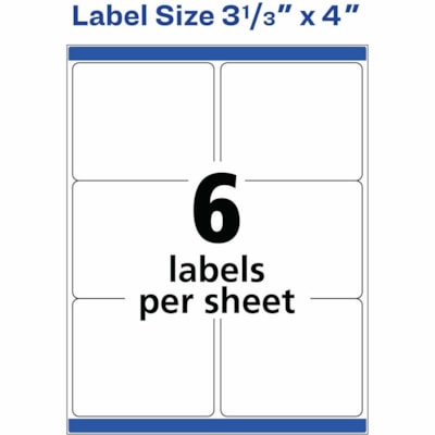 Avery® White Rectangle Labels with Sure Feed(tm) Technology,TrueBlock®, 3-1/3" x 4" , for Laser and Inkjet Printers - 3 1/3" (84.66 mm) Height x 4" (101.60 mm) Width - Permanent Adhesive - Rectangle - Laser - Matte - White - Paper - Permanent Adhesive, Jam Resistant, Smudge Resistant - 6  6/SHEET PERMANENT ADHESIVE AVERY 100 SHEETS/BX