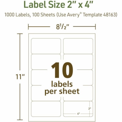 Avery - Etiquette d'expédition EcoFriendly - largeur de 2 po (50,80 mm) x longueur de 4 po (101,60 mm) - Permanent Adhésif - Rectangulaires - Laser, Jet d'encre - Mate - Blanc - Papier - Recyclable, Sans PVC, Adhésif permanent, Personnalisables, Sans chlore, Encre à base d' RESPECTUEUX DE L'ENVIRONNEMENT 10/FLLE  100FLLE/BTE  1000/BTE
