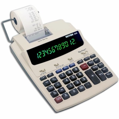 Victor 1310 Printing Calculator - Thermal - Black Print - 9 lps - Date, Clock, Independent Memory - 12 Digits - LED - AC Supply Powered - 7.5" (190.50 mm) Height x 2.2" (55.88 mm) Width x 9.5" (241.30 mm) Length - White - 1 Each BIG PRINT 