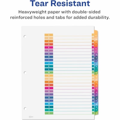 Avery® Ready Index® Table of Contents Dividers for Laser and Inkjet Printers, A-Z - 1 x Divider(s) - 26 Printed Tab(s) - Alphabet - A-Z - 26 Tab(s)/Set - 8.50" (215.90 mm) Divider Width x 11" (279.40 mm) Divider Length - Letter - 8.50" (215.90 mm) Width x 11" (279.40 mm) Length - 3 Hole Punc LASER/INK JET  MULTI-COLOUR A-Z  1 SET/PKG